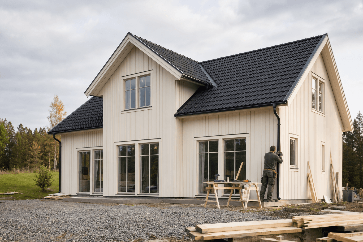 Nybyggt skandinaviskt hus med hantverkare på byggarbetsplatsen