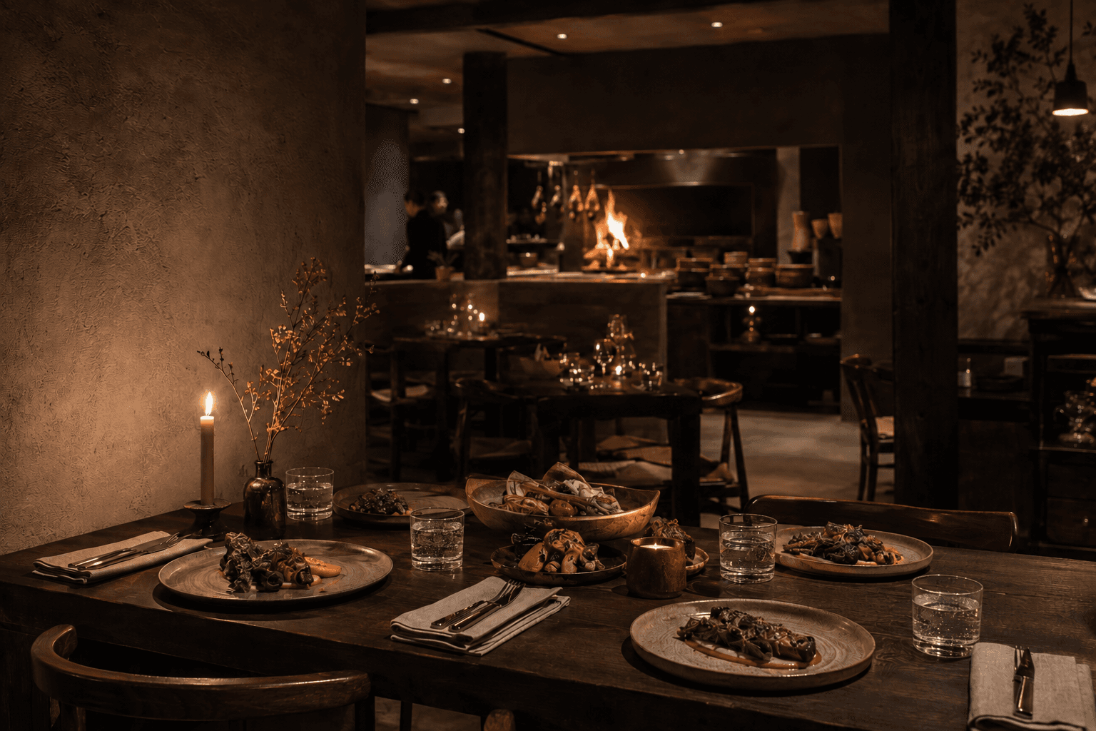 Dukat bord i en varm nordisk restaurang med öppen eld